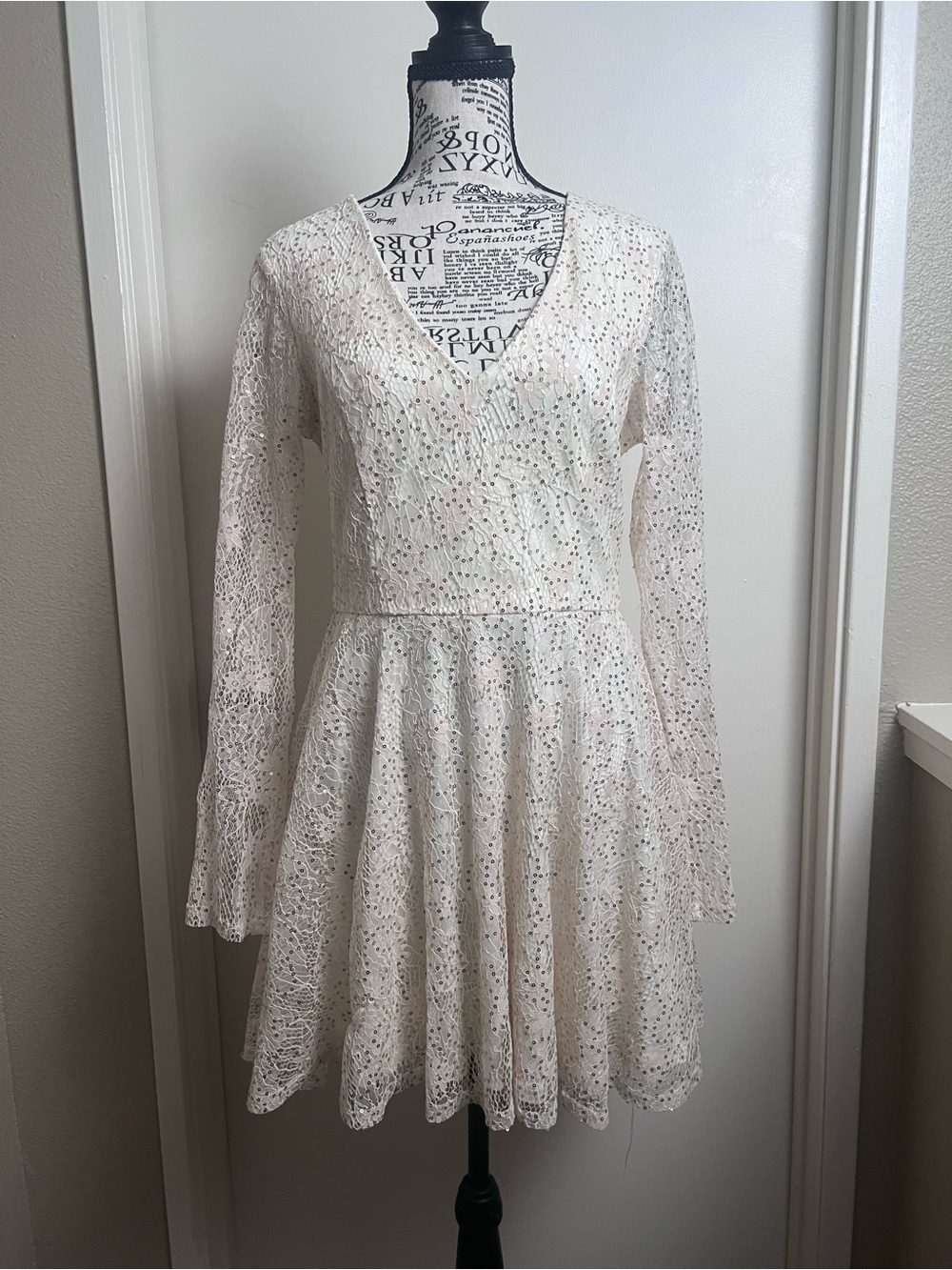 Lulus Ivory Sequin Lace Bell Sleeve Skater Mini Dress Size M Bridal